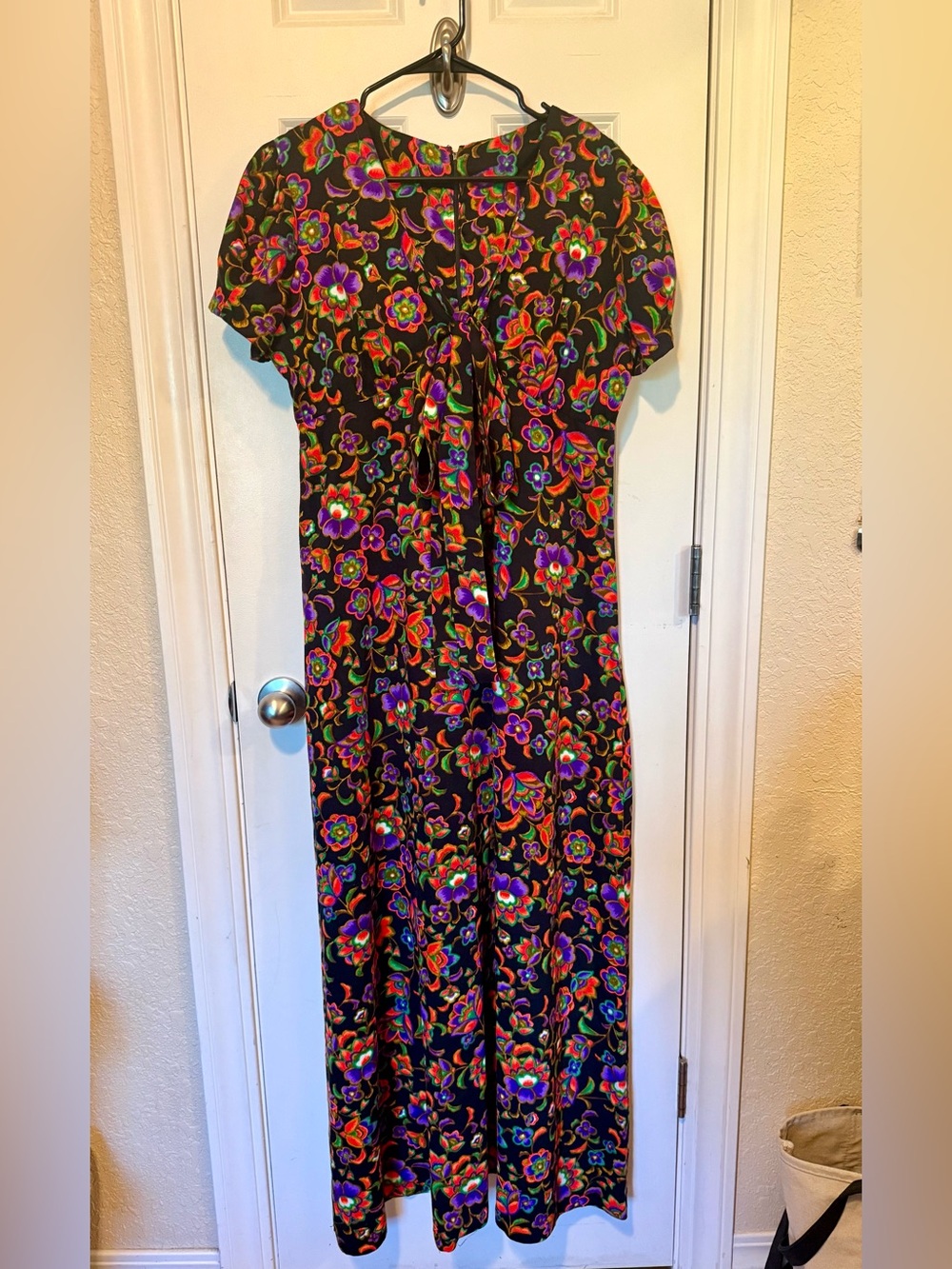 Vintage Black Maxi Dress with Bright Floral Print